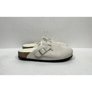 Birkenstock Cream Suede Sherpa Shearling Boston Clogs Gold Buckle